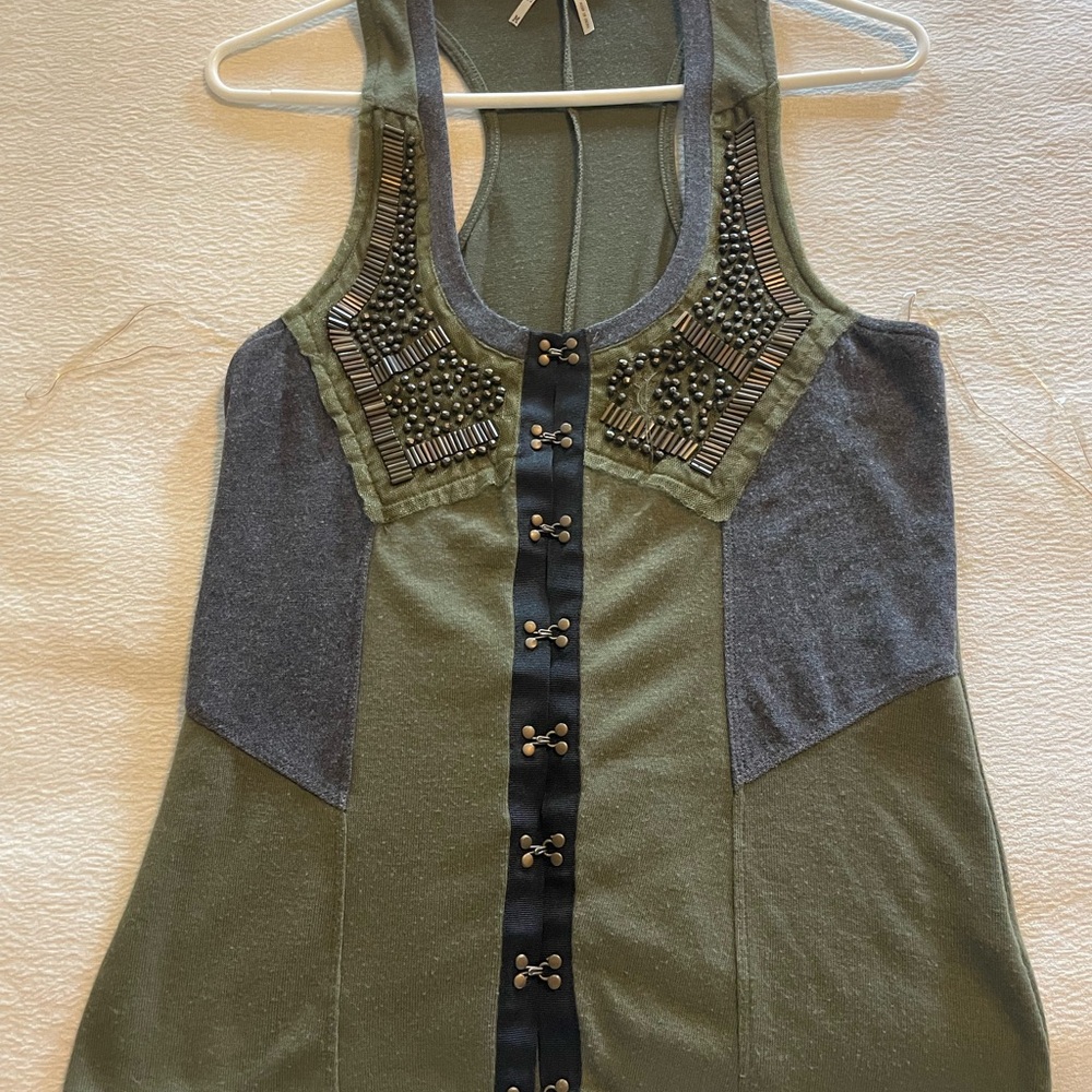 BKE Green and Gray Embellished Cut Out Tank Top